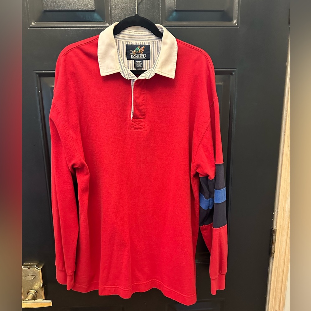 Vintage 90s Lands End L Heavyweight Red and Blue Long Sleeve Rugby Polo
